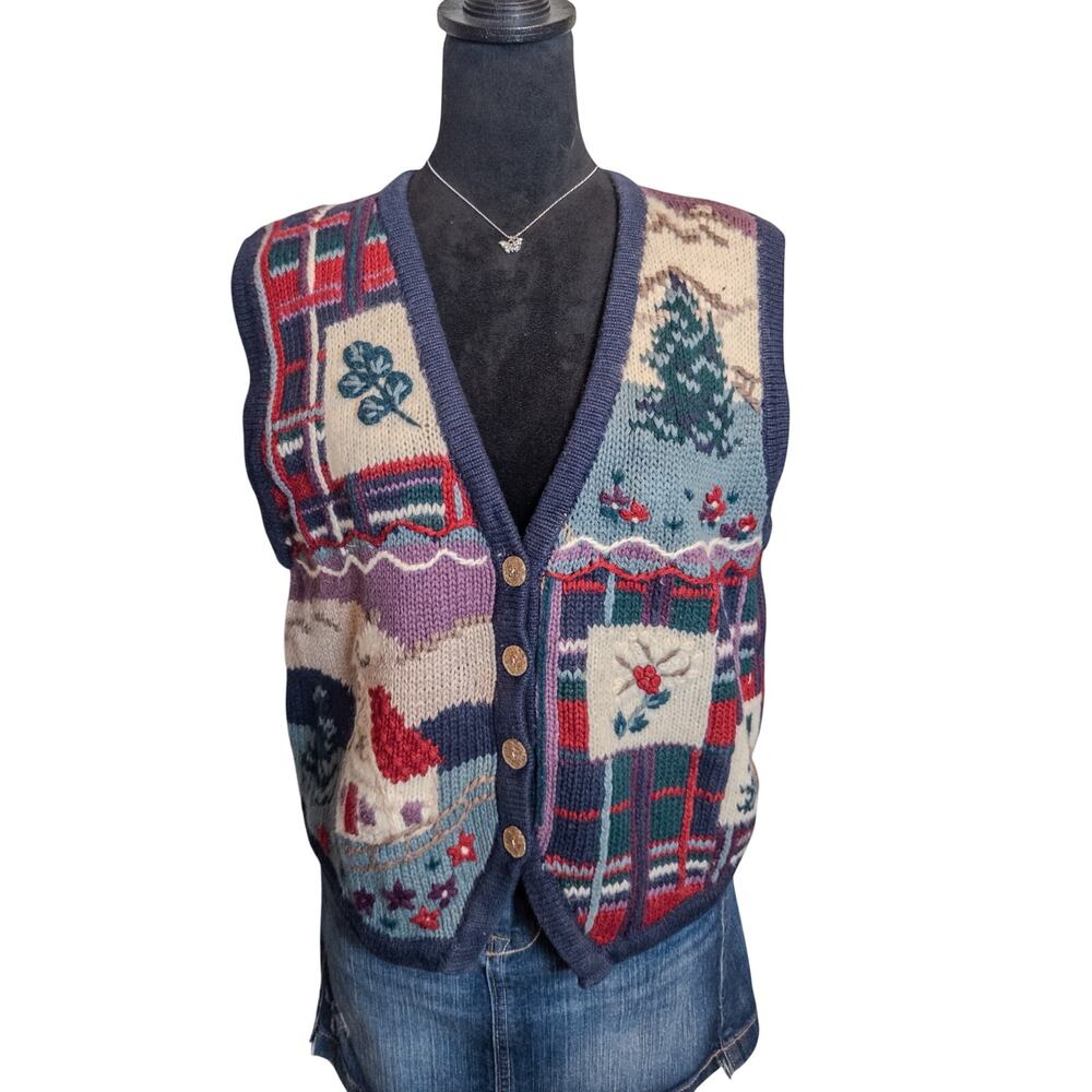 Vintage 90s Christopher & Banks Hand Embroidered Patchwork Knit Sweater Vest M - Picture 2 of 9